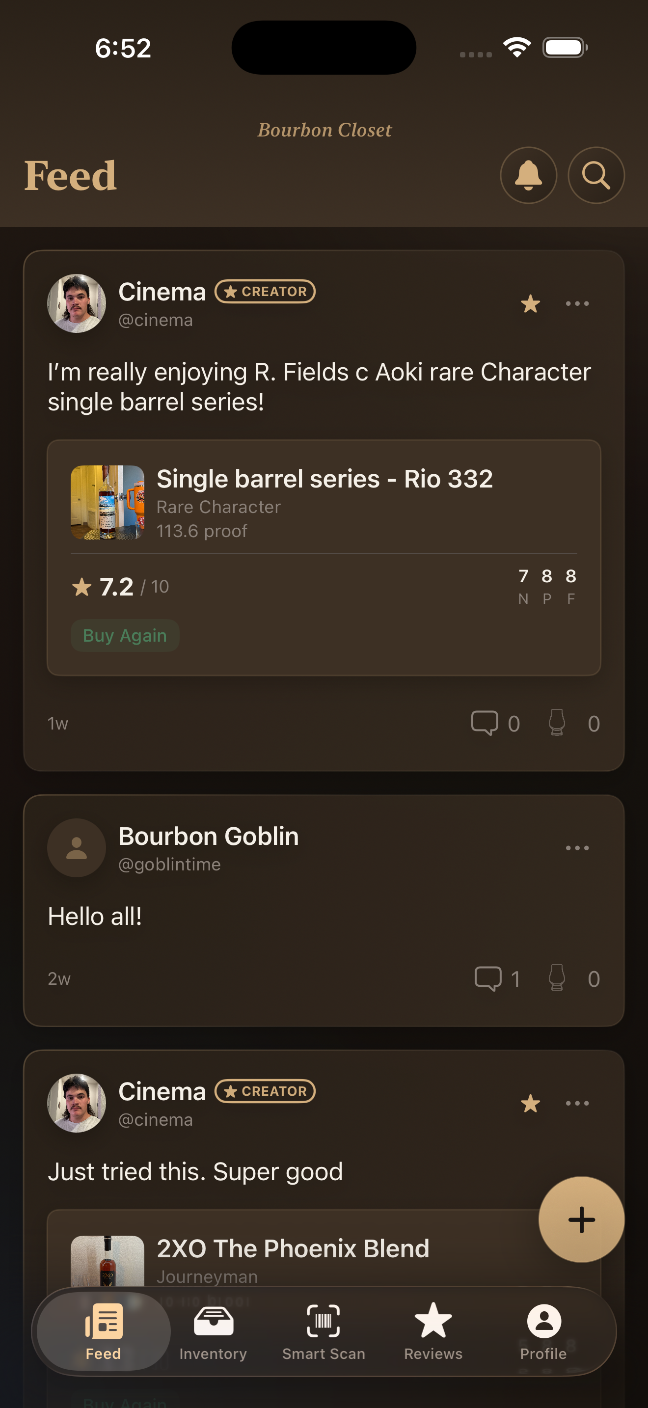 Social feed screen in Bourbon Closet