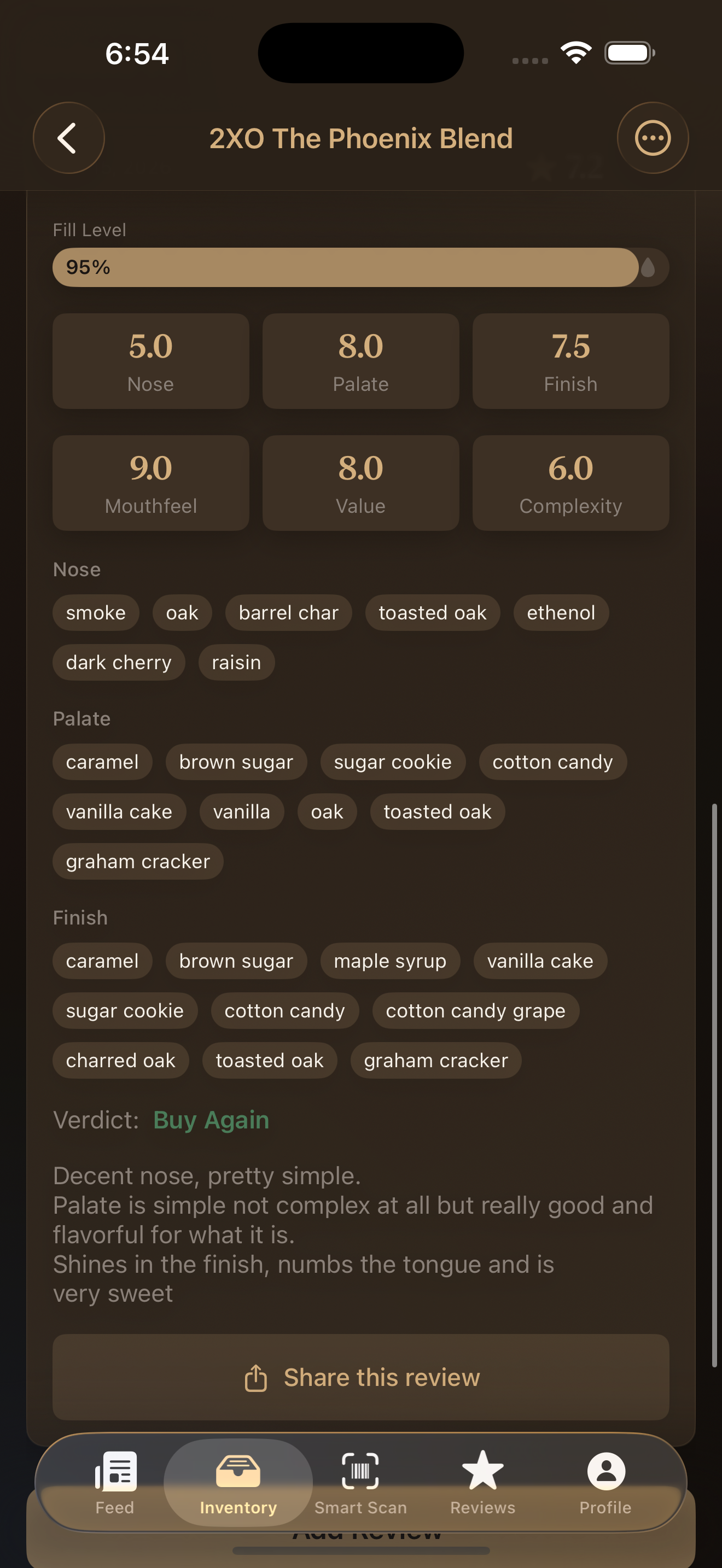 Tasting notes screen in Bourbon Closet